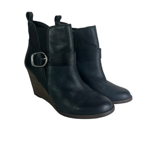 Lucky Brand Yishi Ankle Booties 8.5 Black Leather Stacked Wedge Zip Buck… - Picture 1 of 12